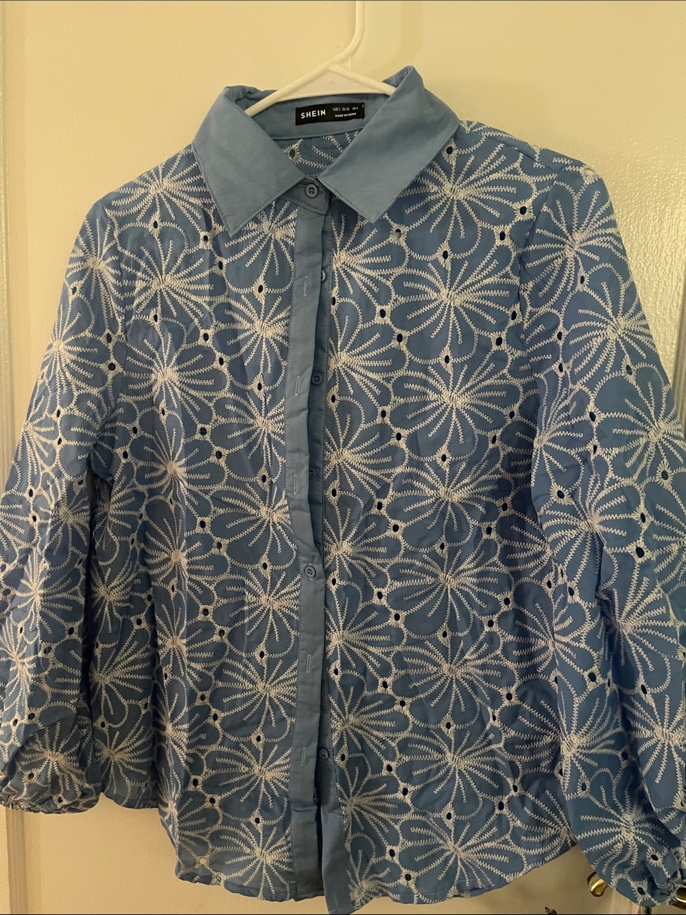 SHEIN Light Blue Floral Eyelet Button-Down Shirt